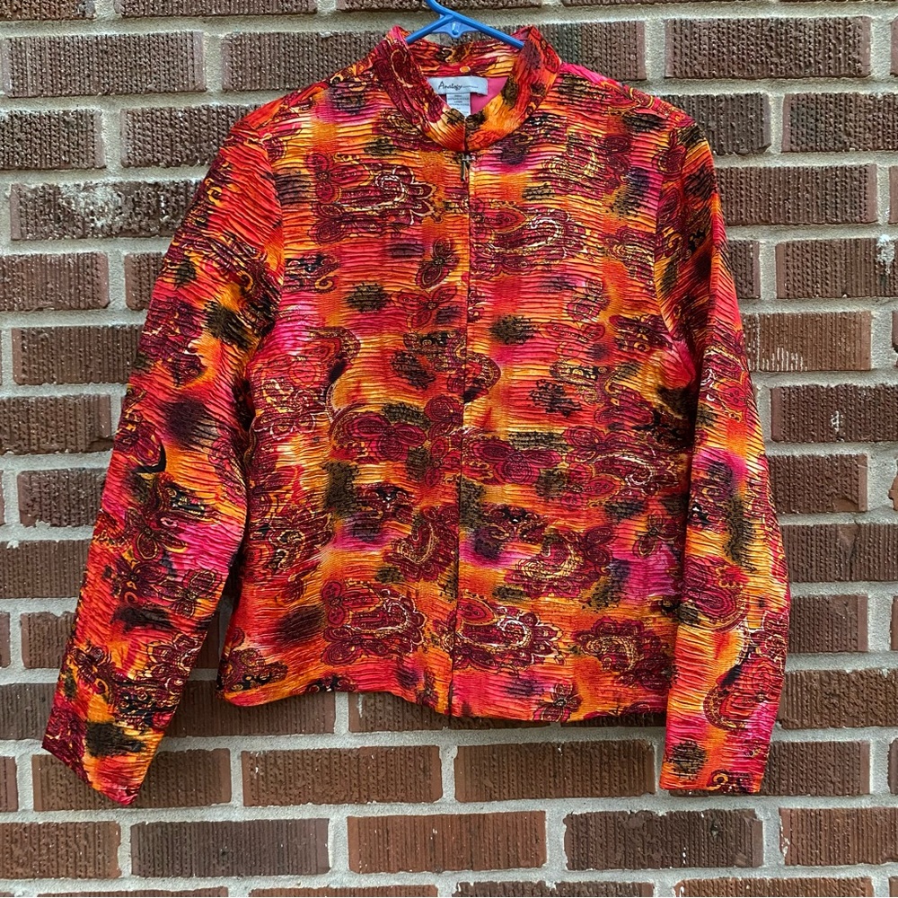 Analogy Ruched zip up pink purple orange paisley and flower blazer Size M